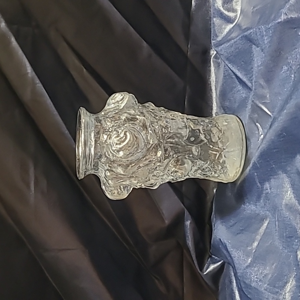 Vintage GOOFUS Clear Glass Rose Embossed Jar/ Vace 5" Tall. Early 1900's